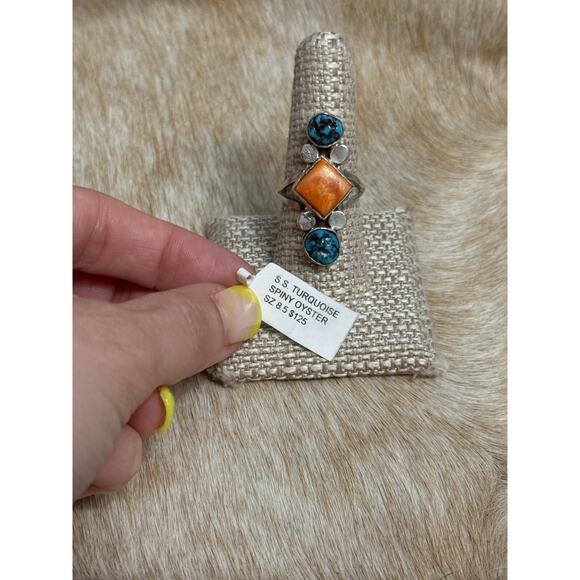 Native American Bryon Brown Handmade Sterling Spiny Oyster Turquoise Ring 9 - Picture 12 of 14